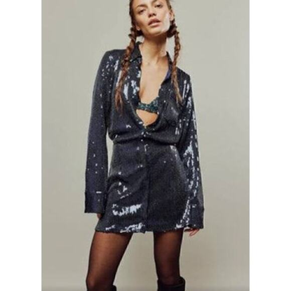 Free People Sophie Dress Sequin Long Sleeve Mini Midnight Navy Blue NWT M